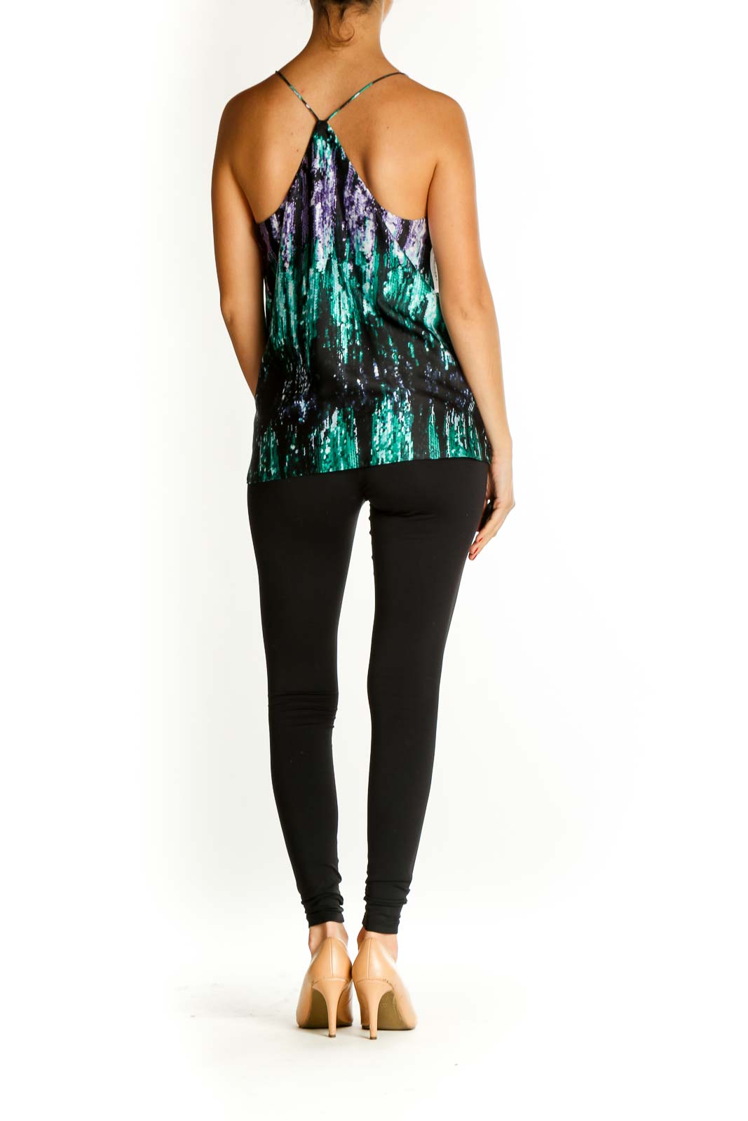 Black Graphic Print Sequin Party Top