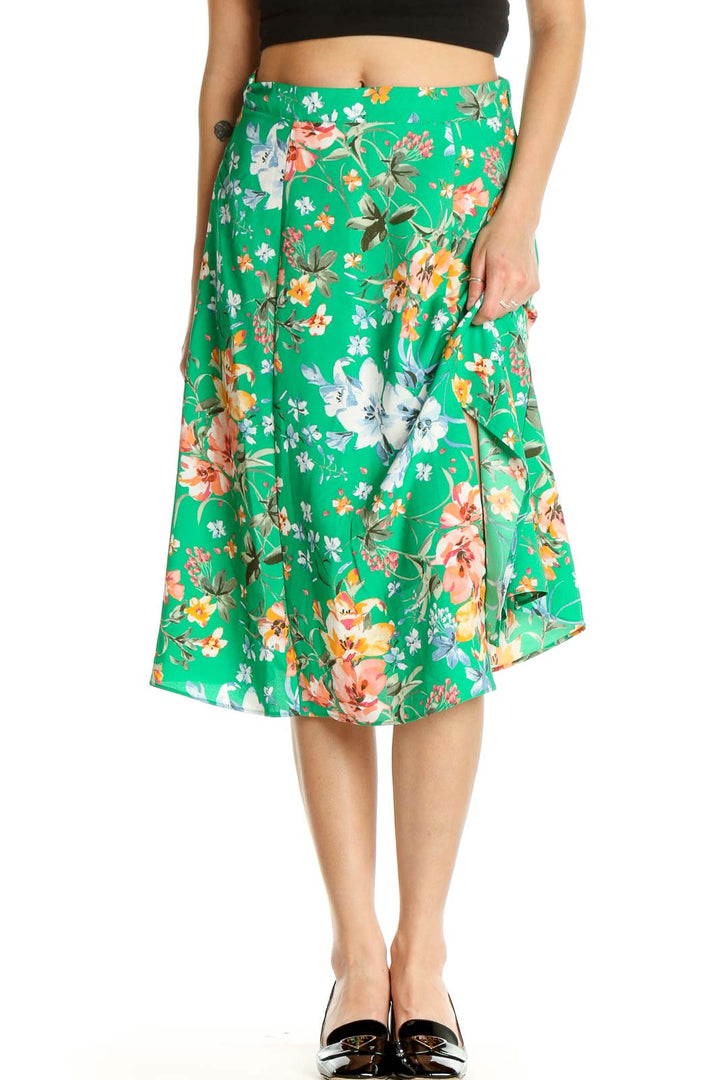 Green Floral Print Holiday Flared Skirt
