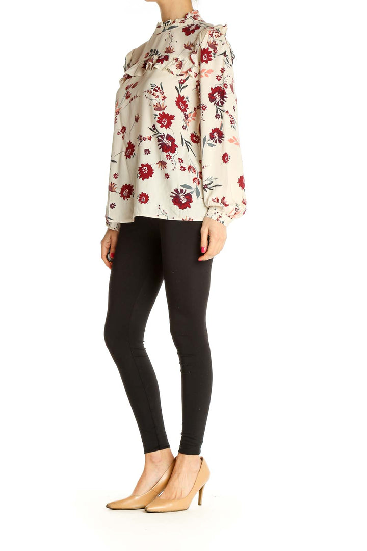 Beige Floral Print Brunch Blouse