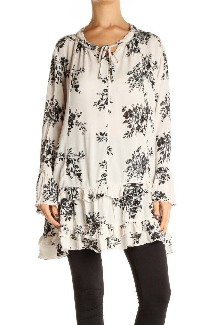 Beige Floral Print Shift Dress