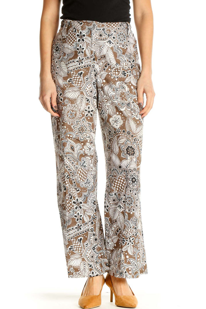 Beige Floral Print Retro Trousers