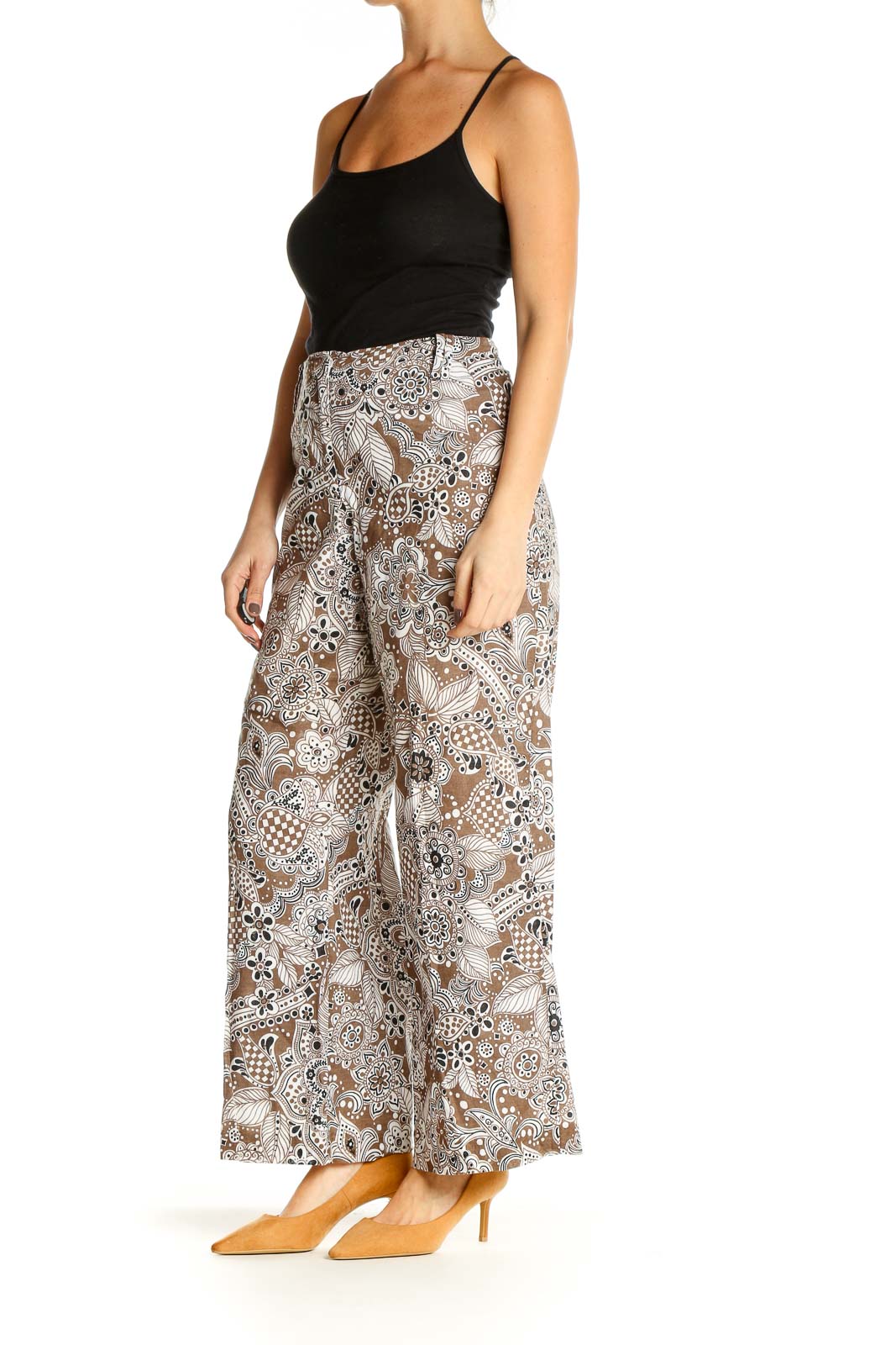 Beige Floral Print Retro Trousers
