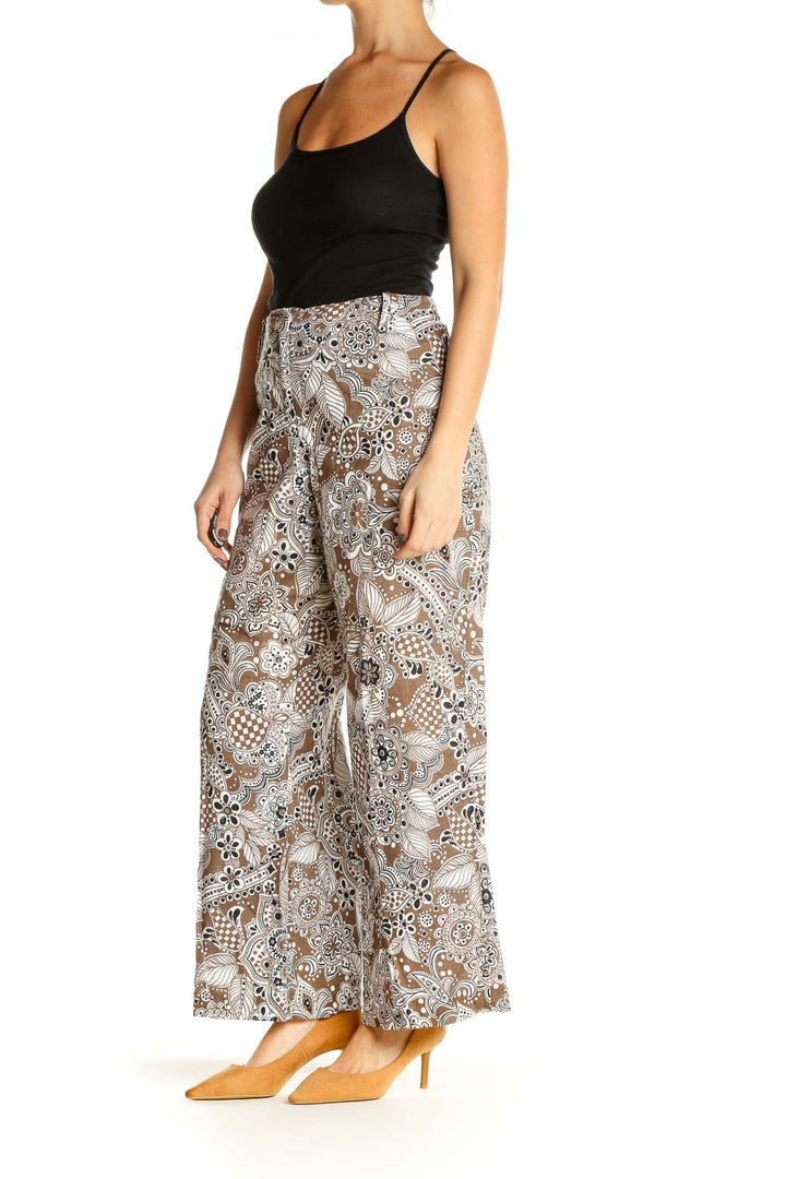 Beige Floral Print Retro Trousers