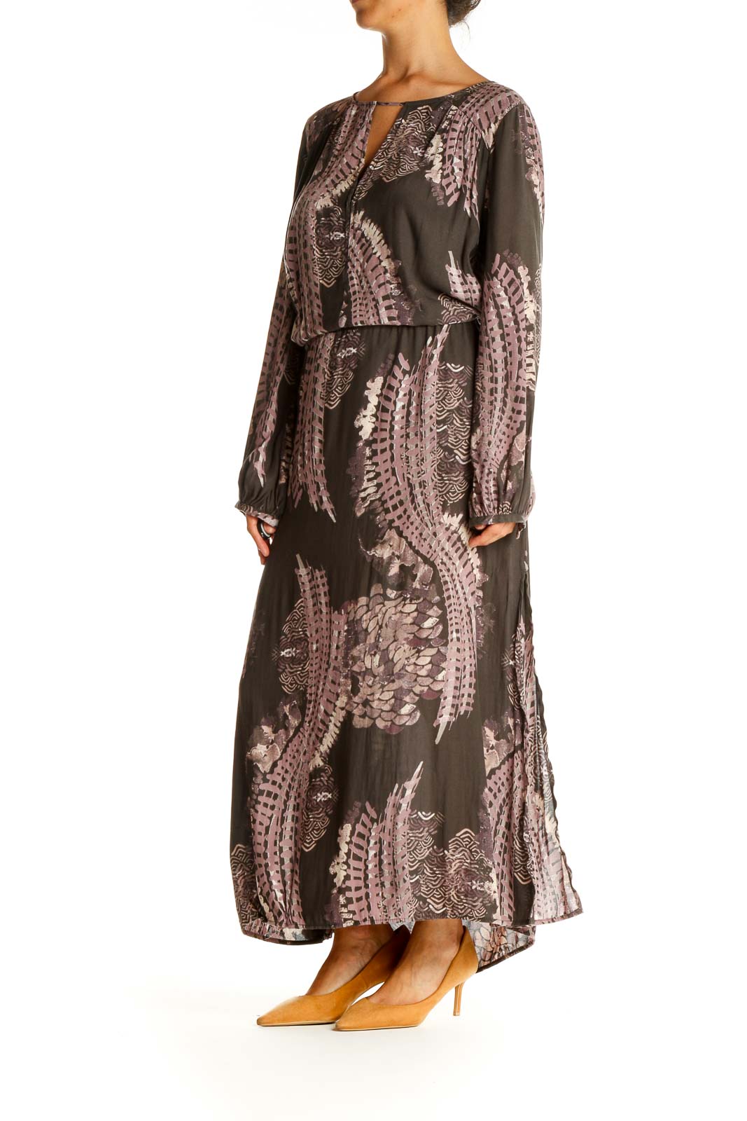 Front view of Free People brown paisley maxi dress with long sleeves and keyhole neckline
