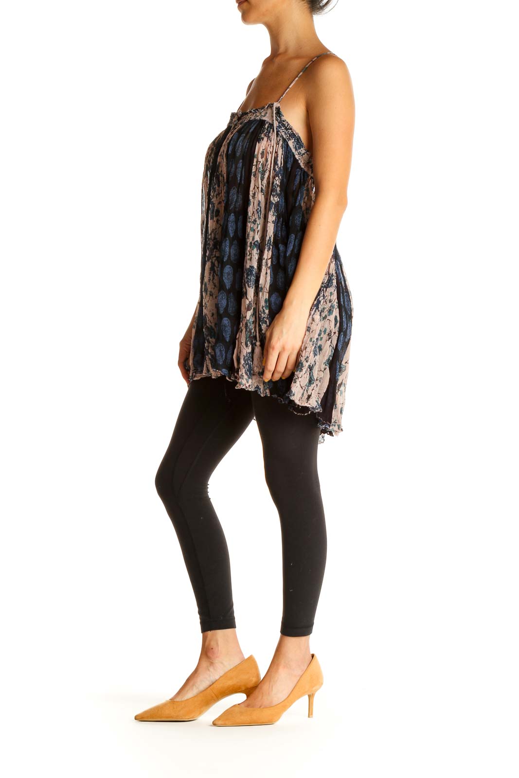 Front view of Free People blue and beige floral print cami top with gathered neckline
