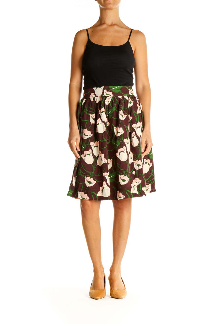 Brown Silk Floral Print Chic A-Line Skirt