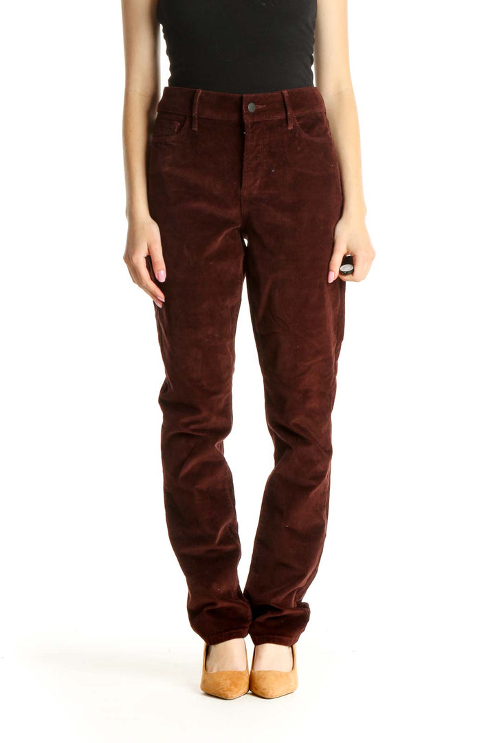 Red High-Waisted Corduroy Straight Leg Jeans