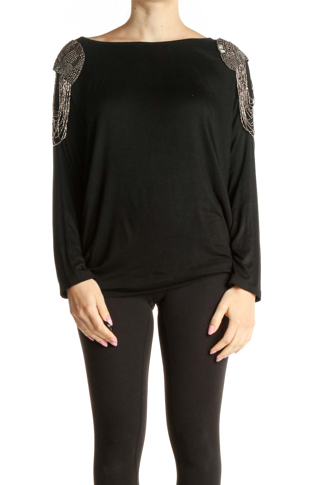 Black Beaded Statement Shoulder Retro Shirt