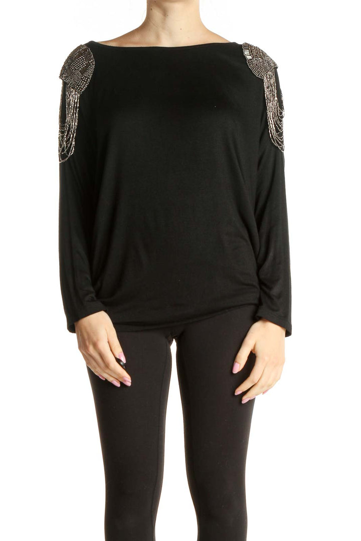 Black Beaded Statement Shoulder Retro Shirt