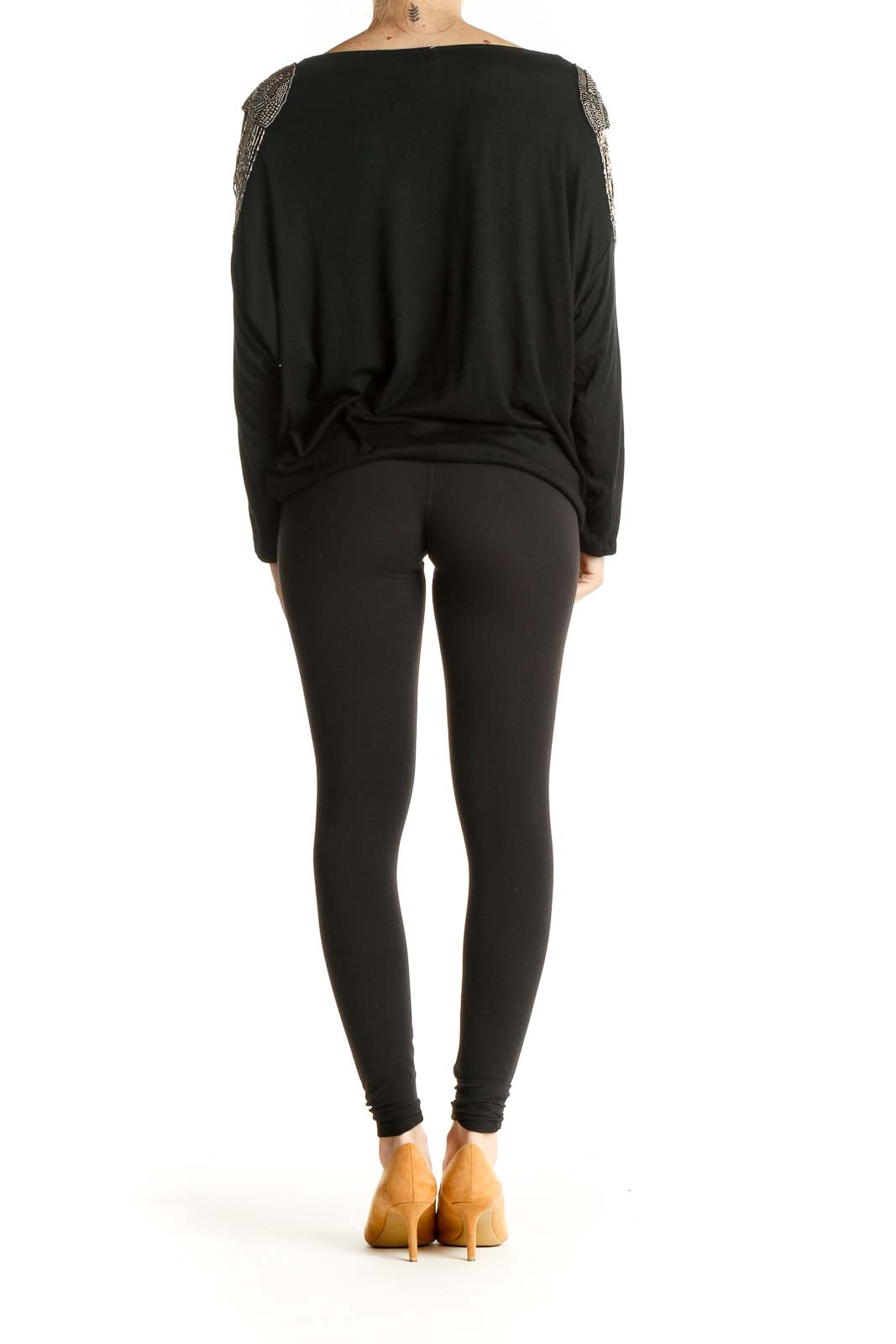Black Beaded Statement Shoulder Retro Shirt