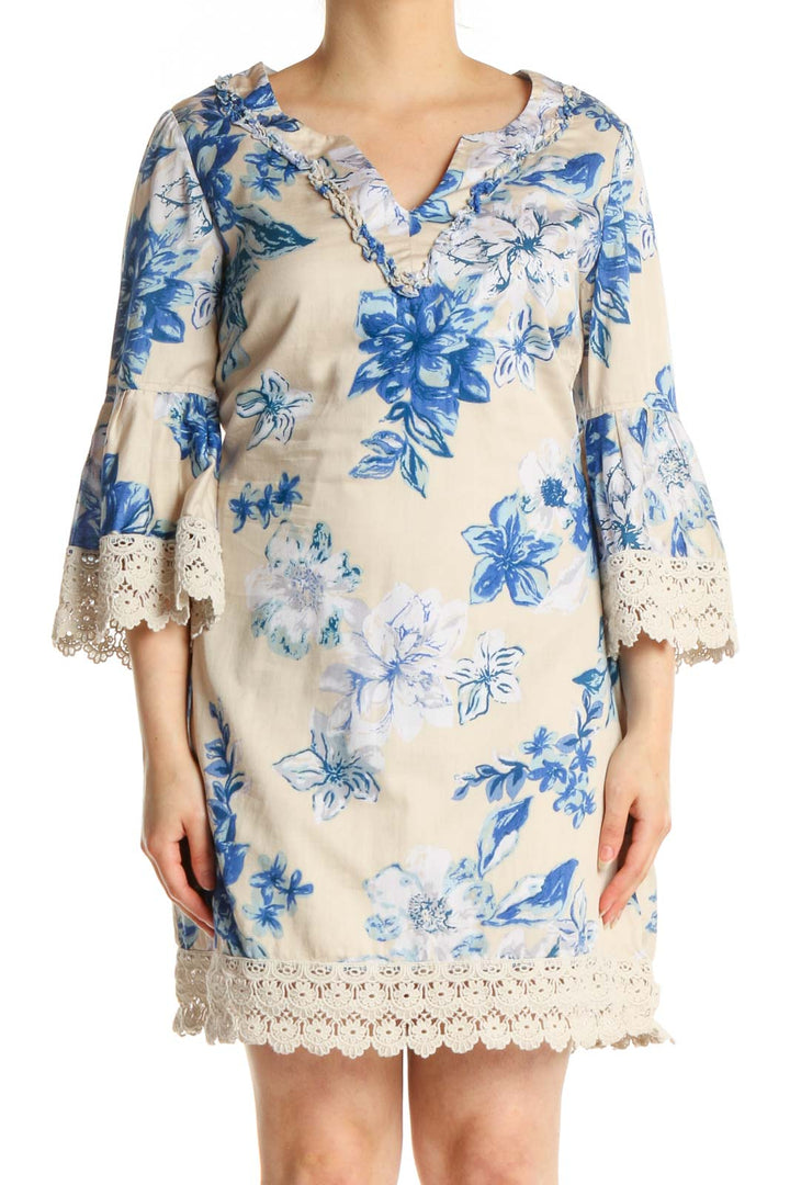 Beige Floral Print Day Shift Dress