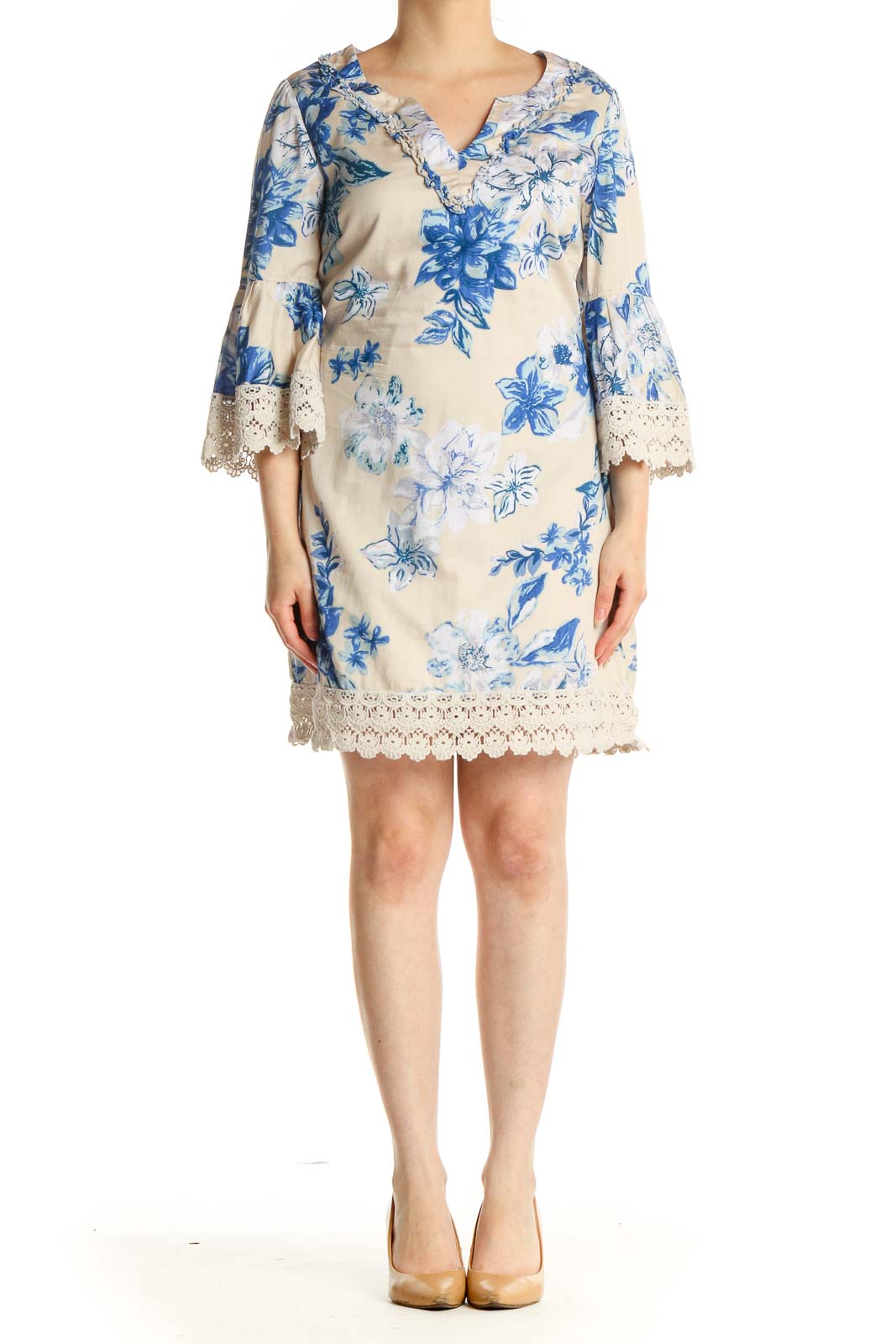 Beige Floral Print Day Shift Dress