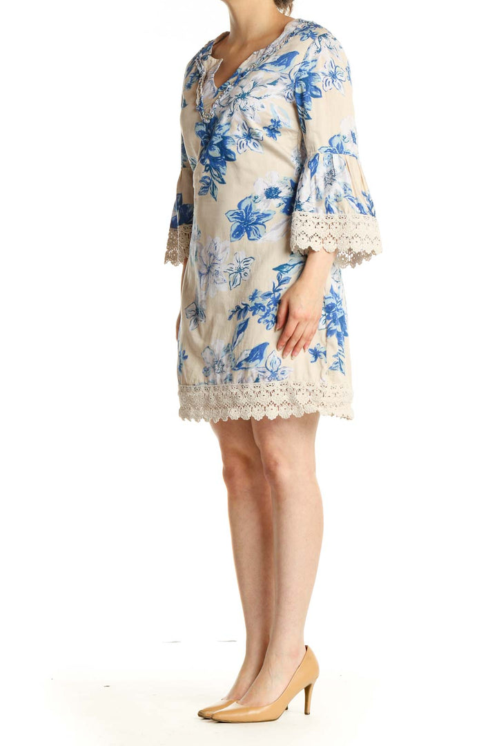 Beige Floral Print Day Shift Dress