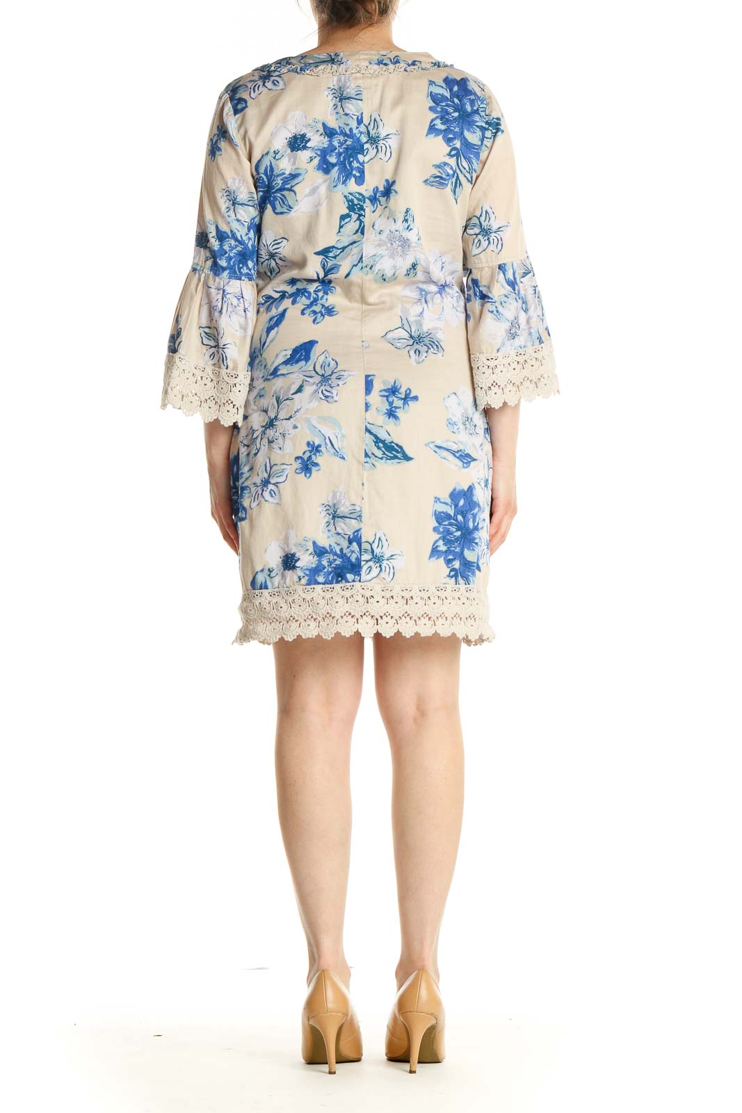 Beige Floral Print Day Shift Dress