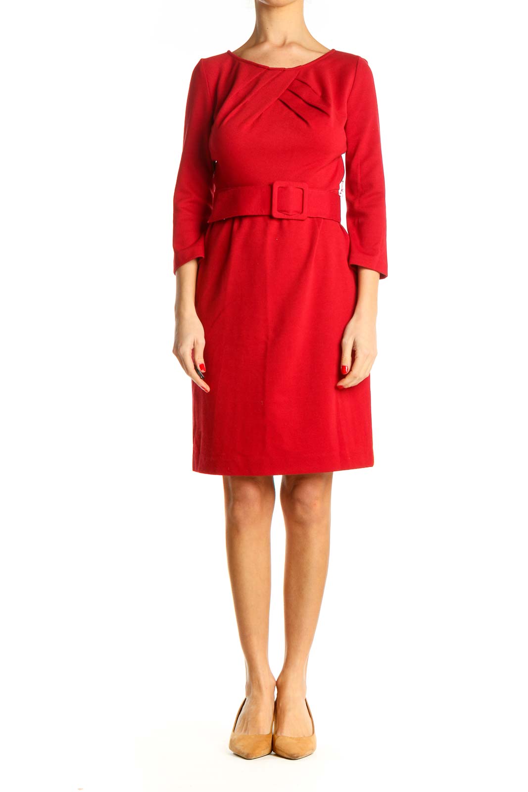 Red Solid Work Fit & Flare Dress