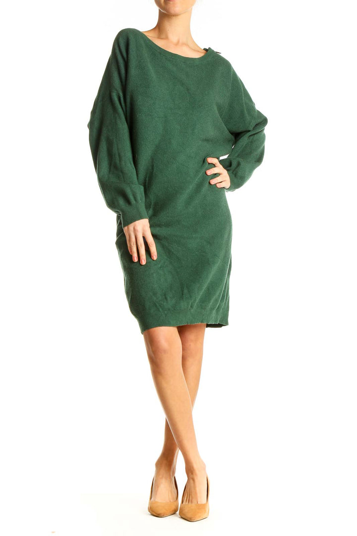 Green Solid Classic Sweater Sheath Dress