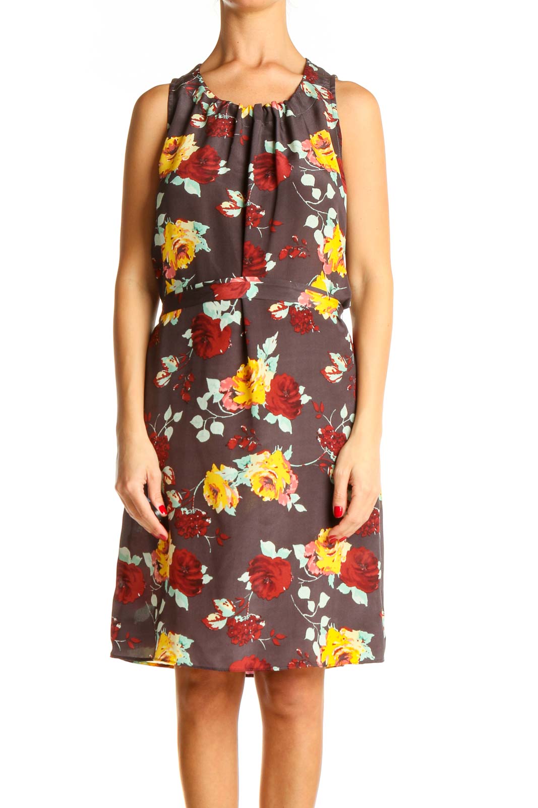 Brown Floral Print Day A-Line Dress