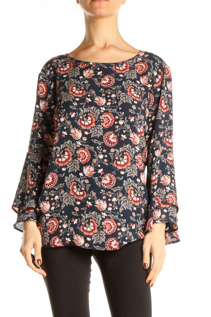 Blue Pink Floral Print Casual Top