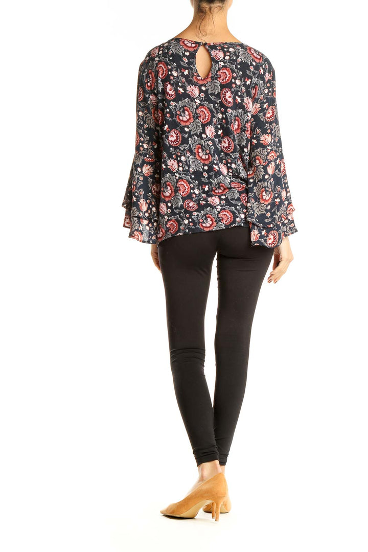 Blue Pink Floral Print Casual Top