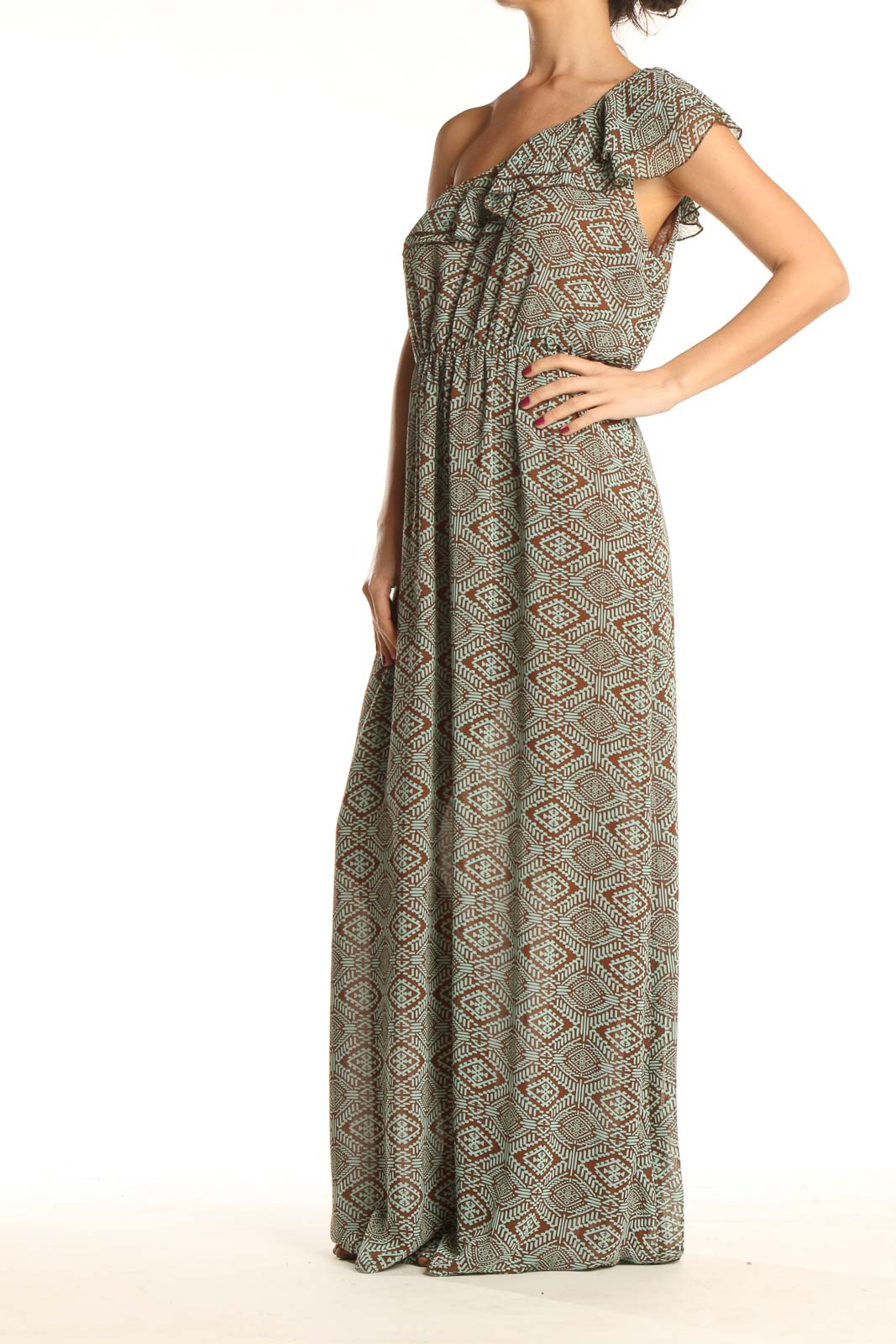 Green Aztec Print Bohemian Fit & Flare One Shoulder Dress