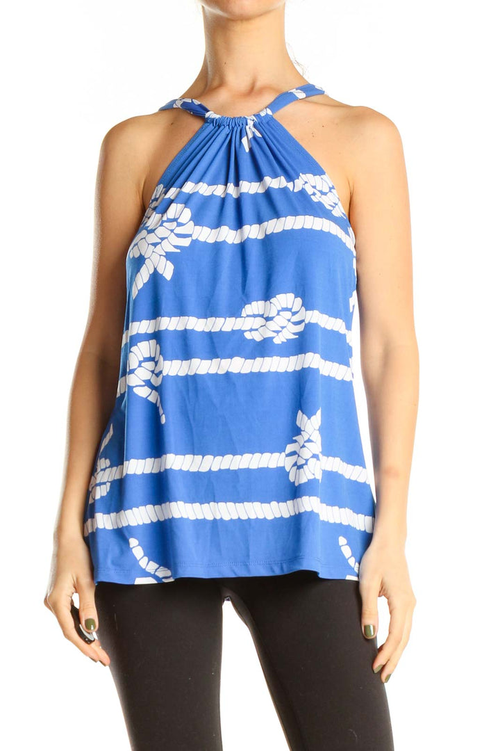 Blue Graphic Print Holiday Halter Top