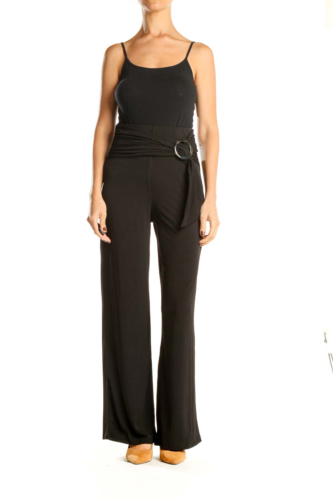 Black Wide Leg Classic Pants With Waist Detail