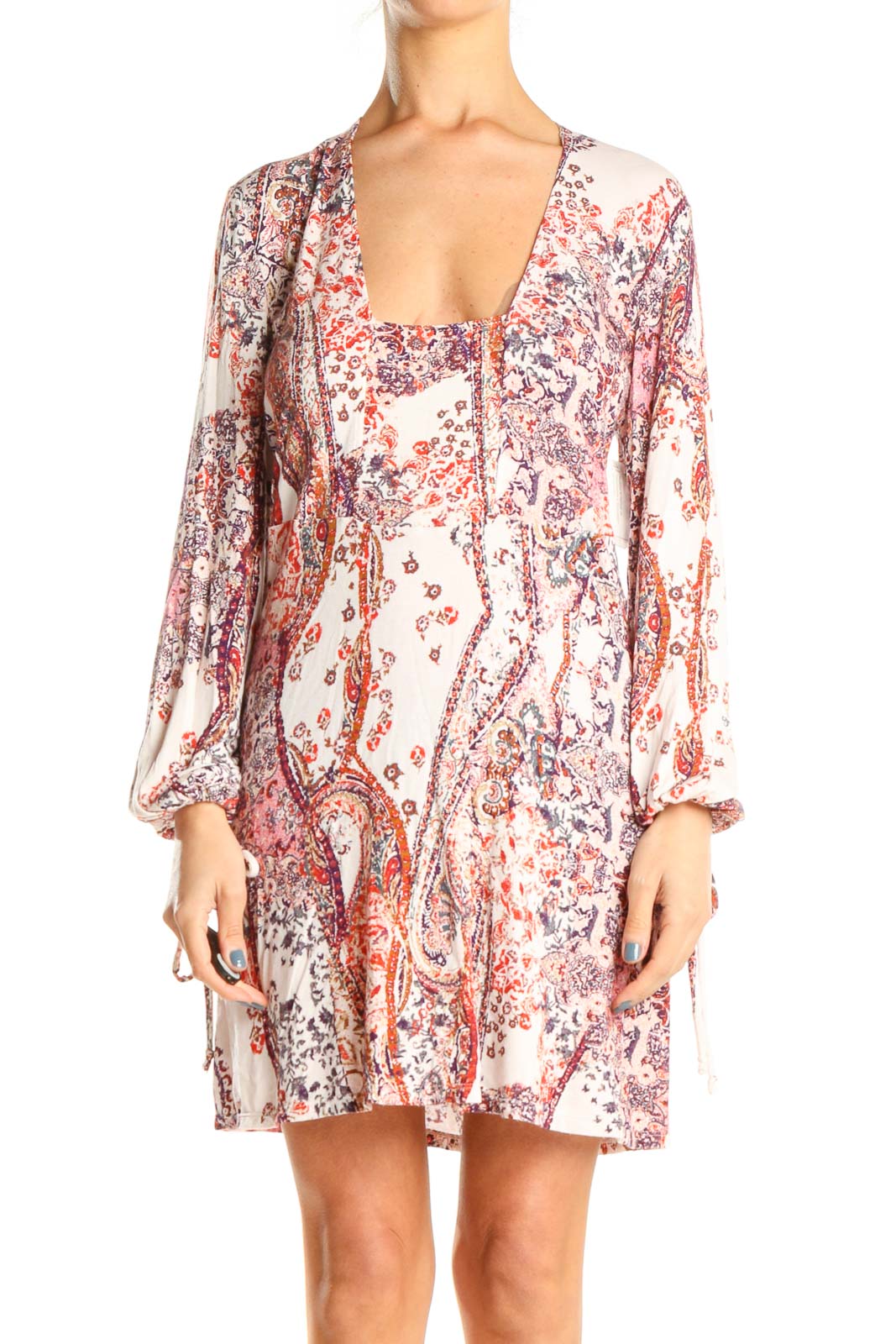 Front view of Free People white floral paisley mini dress with square neckline