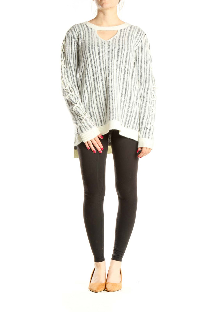 White Gray Striped Chic Sweater with Chest Cutout Detail