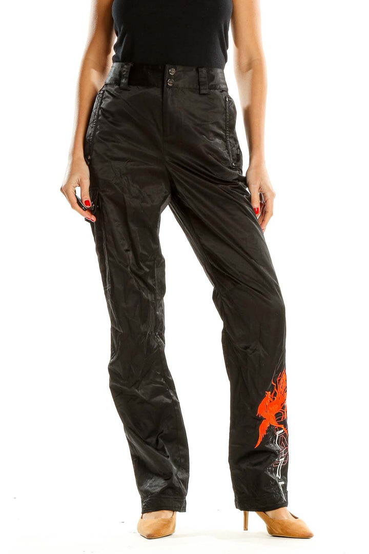 Black Textured Printed Retro Pants