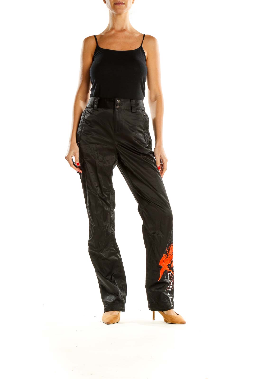 Black Textured Printed Retro Pants