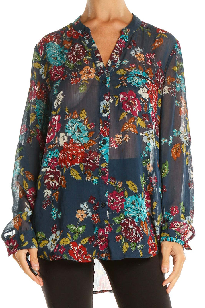 Blue Floral Print Bohemian Top
