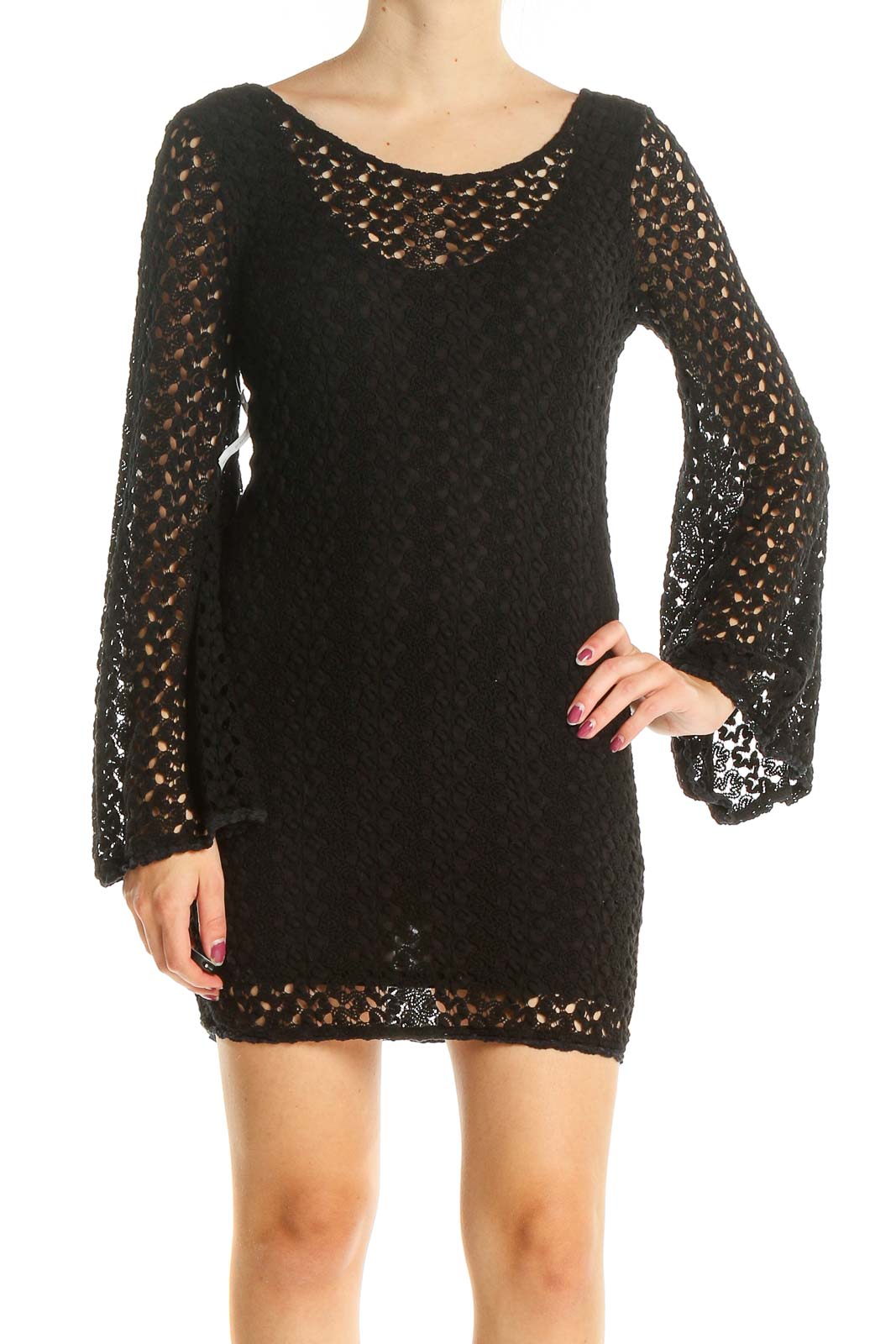 Front view of Free People black crochet mini dress with bell sleeves