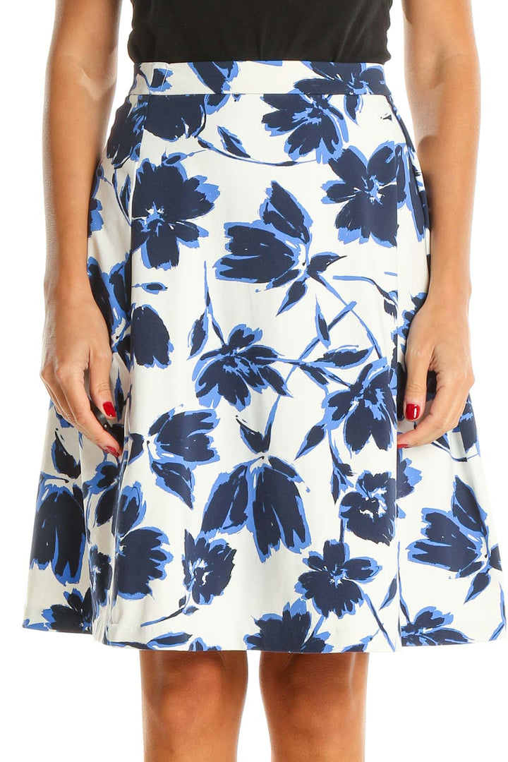 White Blue Floral Print Chic A-Line Skirt