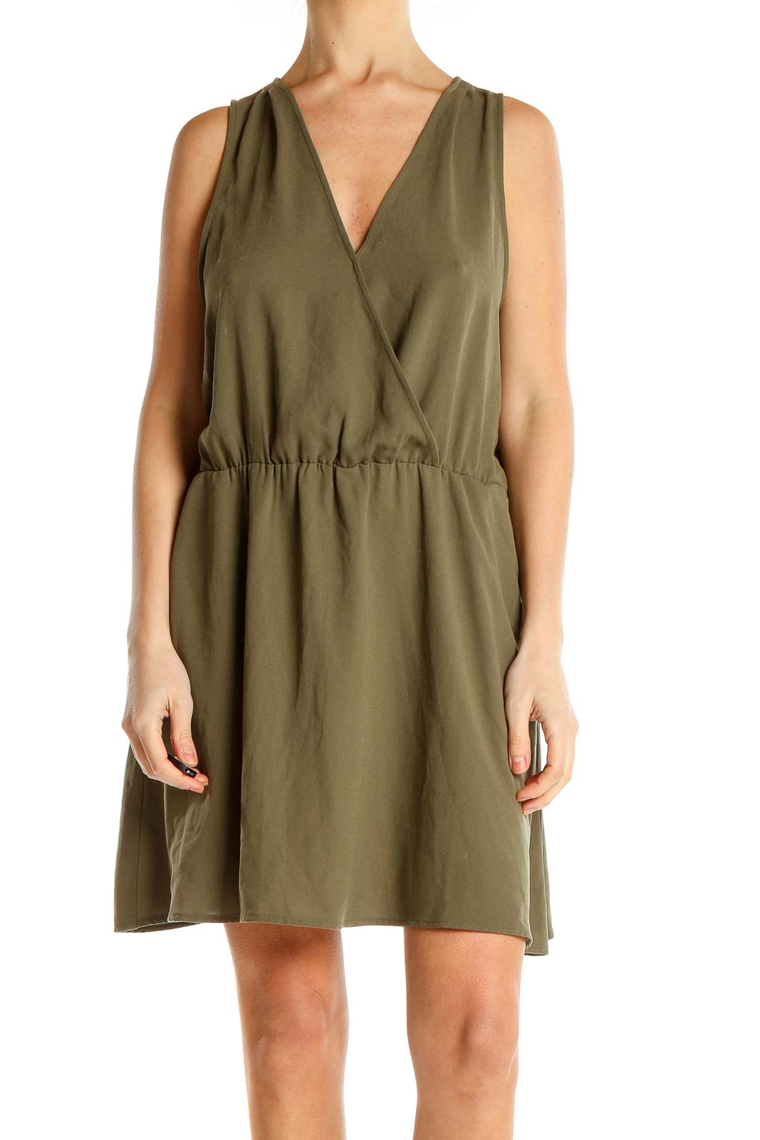 Olive Sleeveless V-Neck Wrap Dress