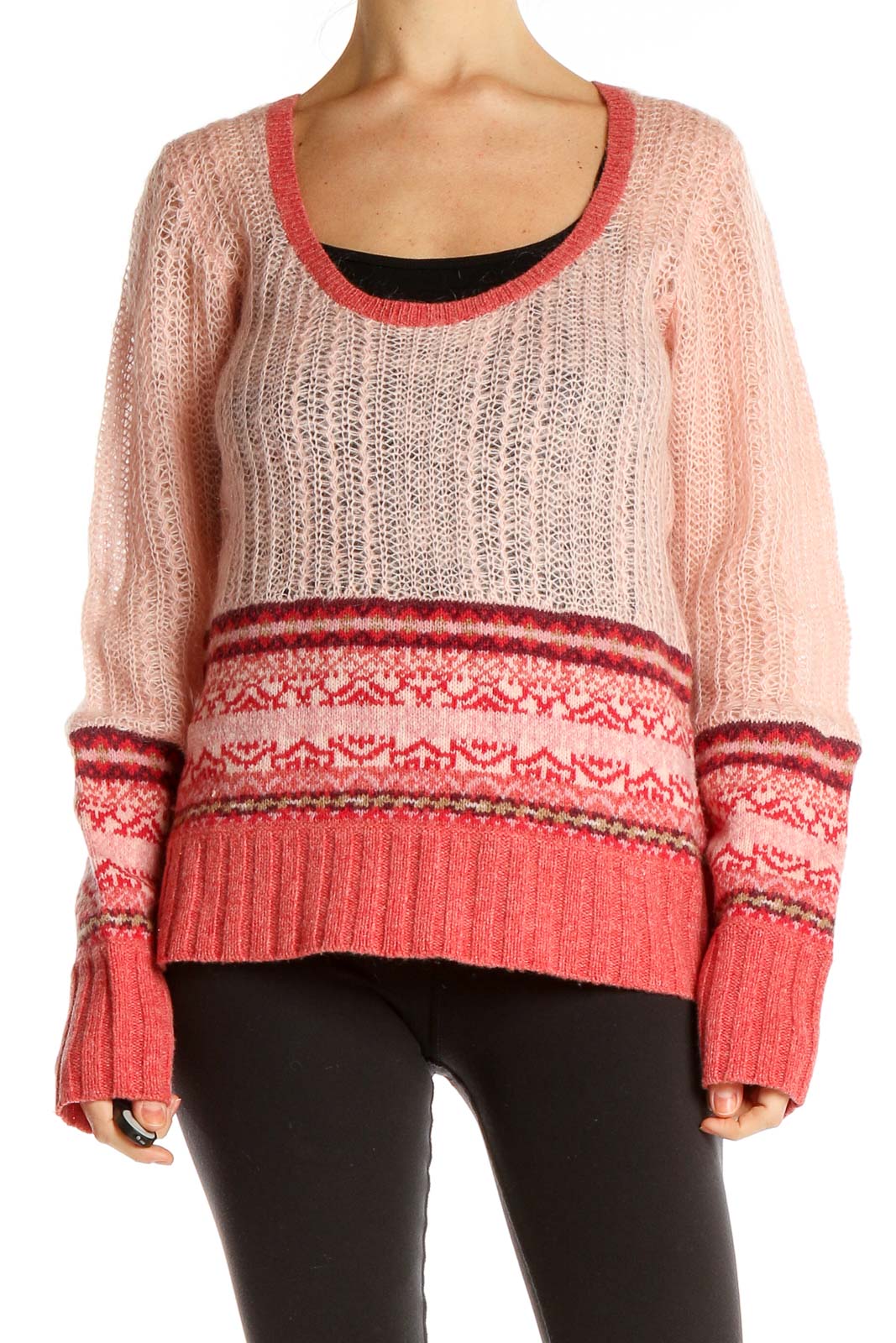 Front view of pink and coral DKNY Jeans knit sweater with Fair Isle patterns