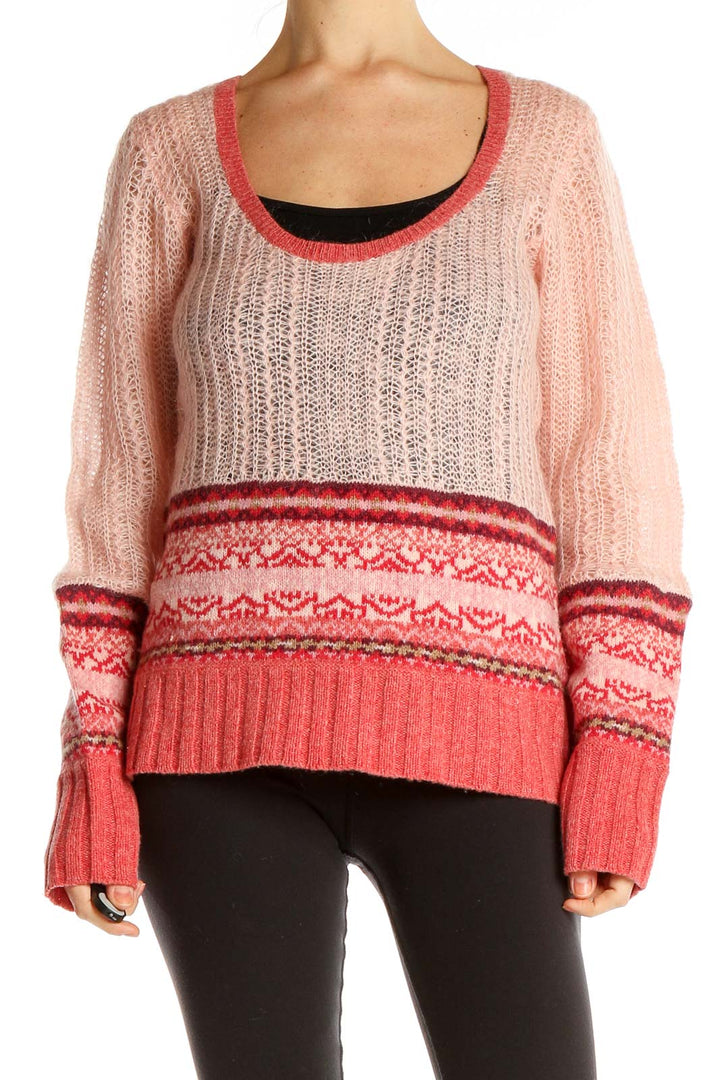 Front view of pink and coral DKNY Jeans knit sweater with Fair Isle patterns