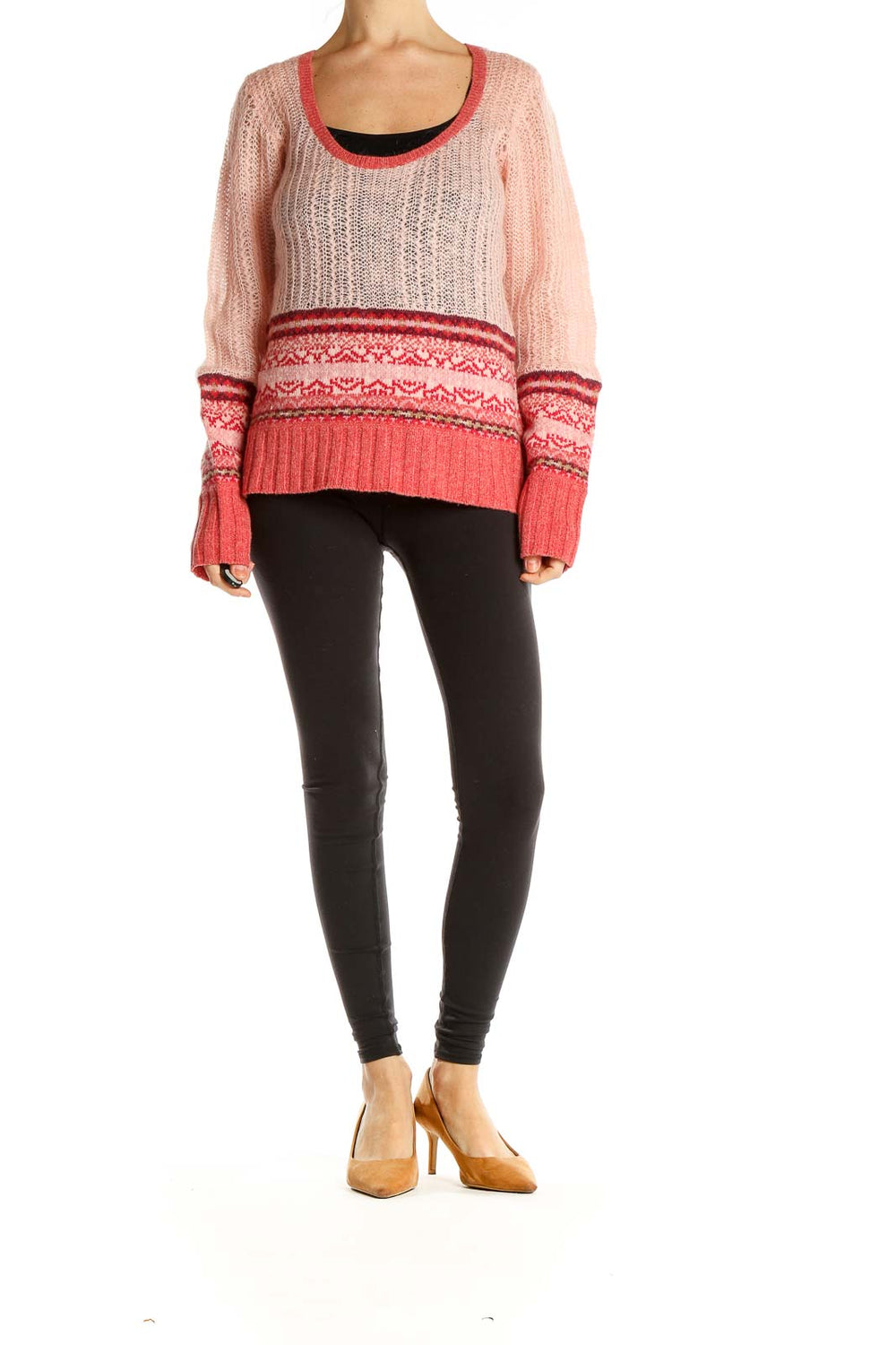 Front view of pink and coral DKNY Jeans knit sweater with Fair Isle patterns
