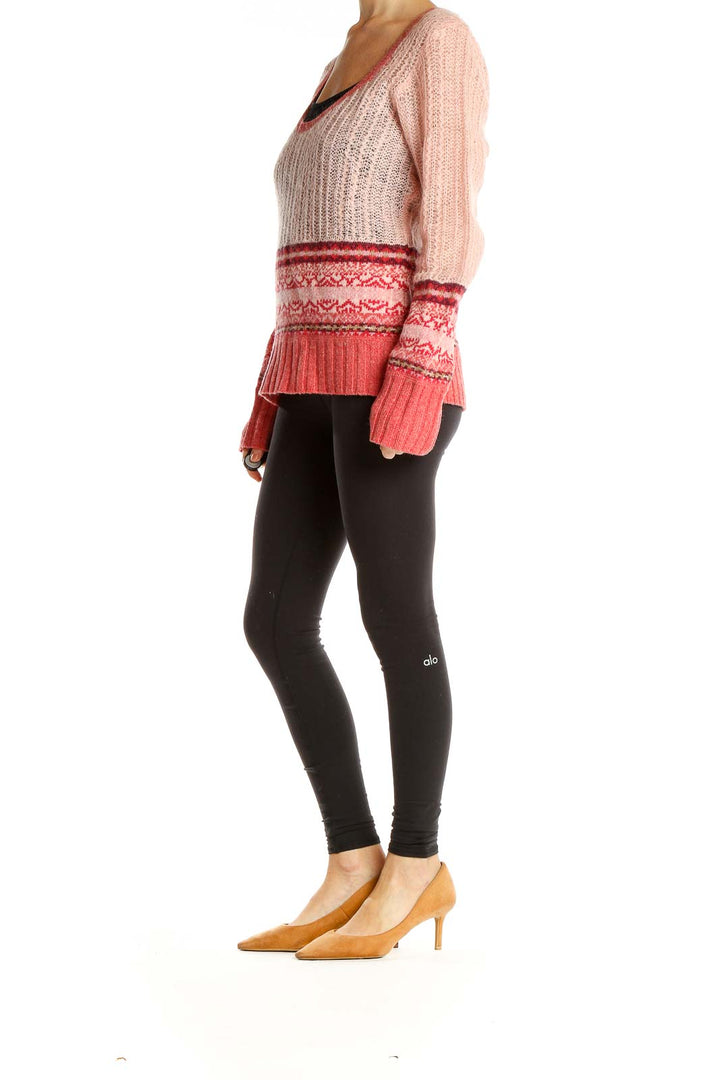 Front view of pink and coral DKNY Jeans knit sweater with Fair Isle patterns