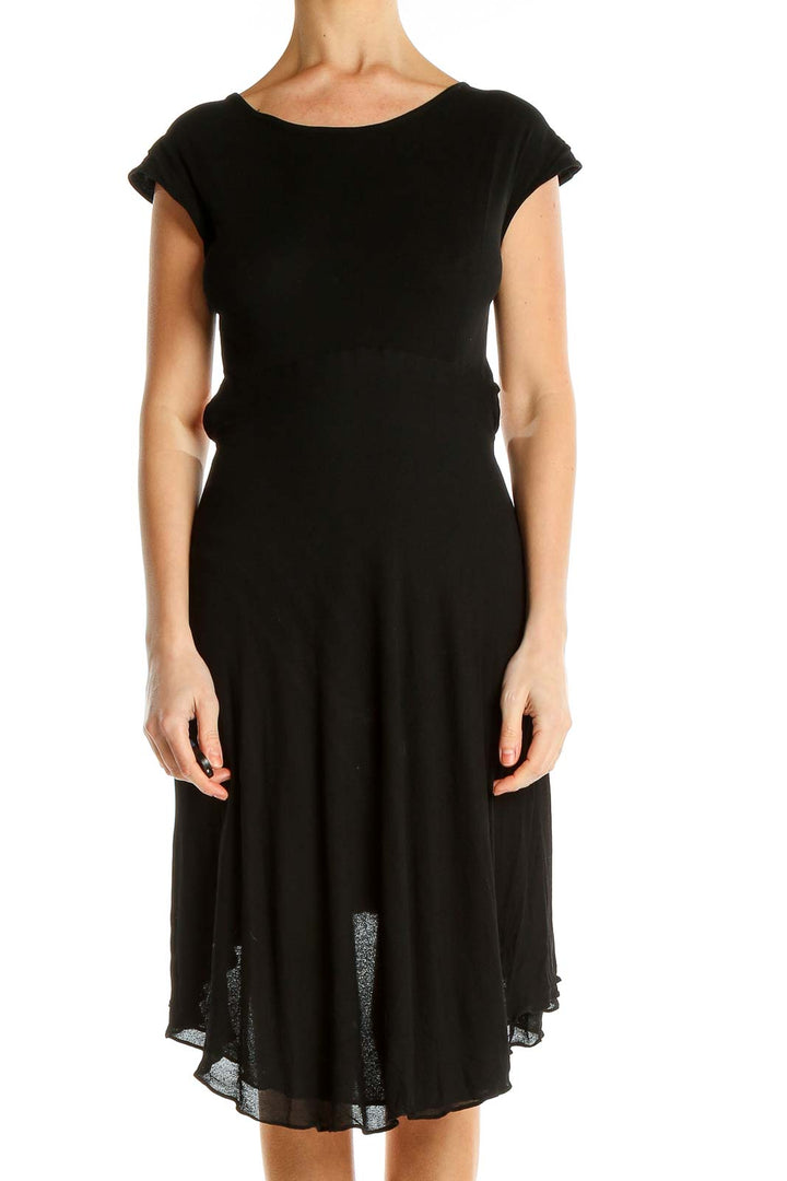 Front view of Donna Karan New York black cap sleeve midi dress with flowy skirt