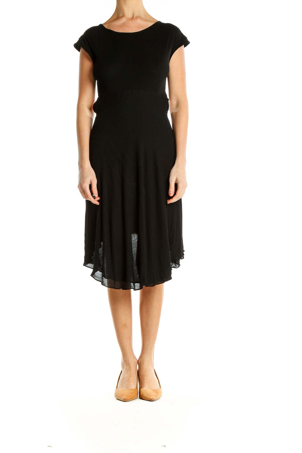 Front view of Donna Karan New York black cap sleeve midi dress with flowy skirt