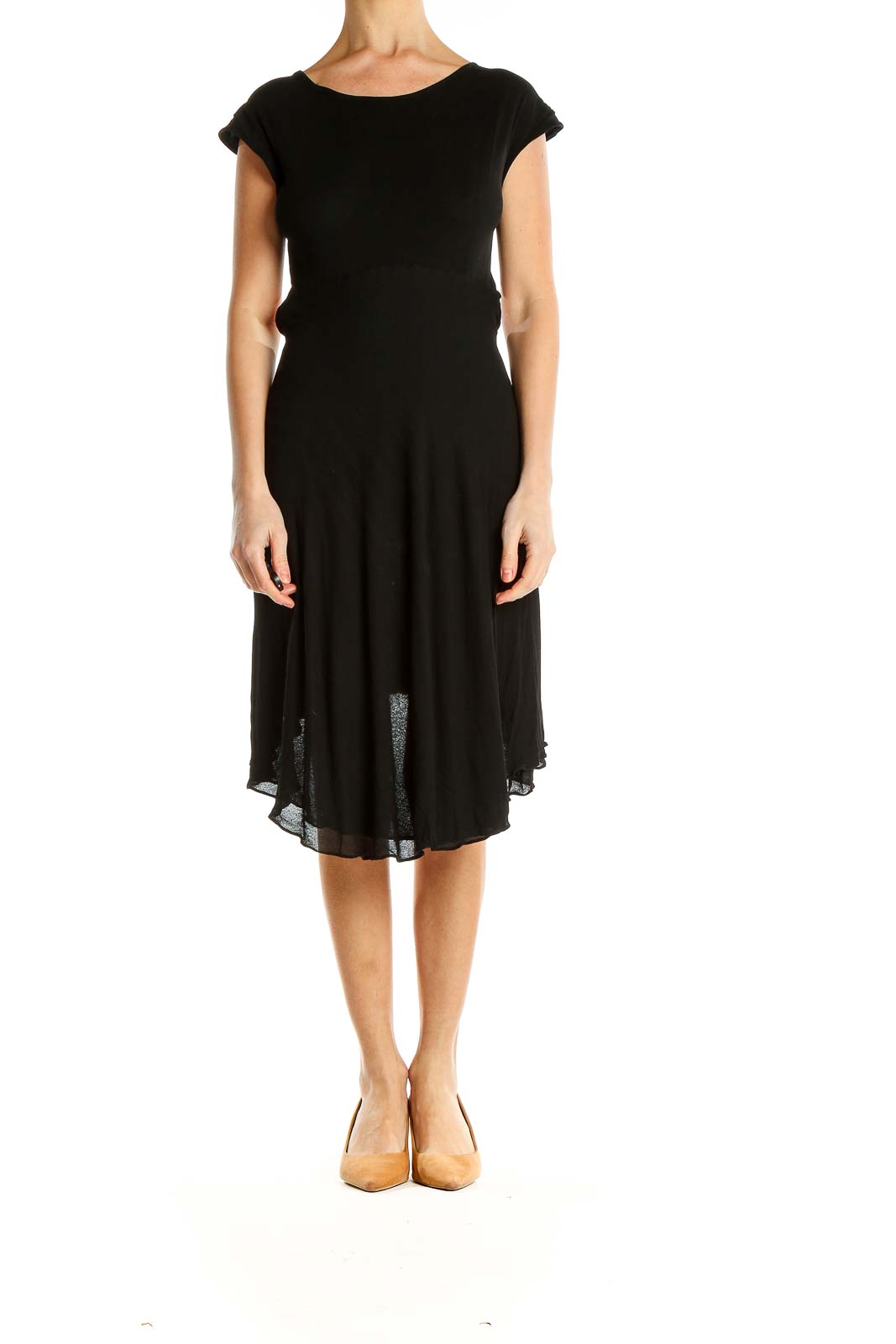 Front view of Donna Karan New York black cap sleeve midi dress with flowy skirt