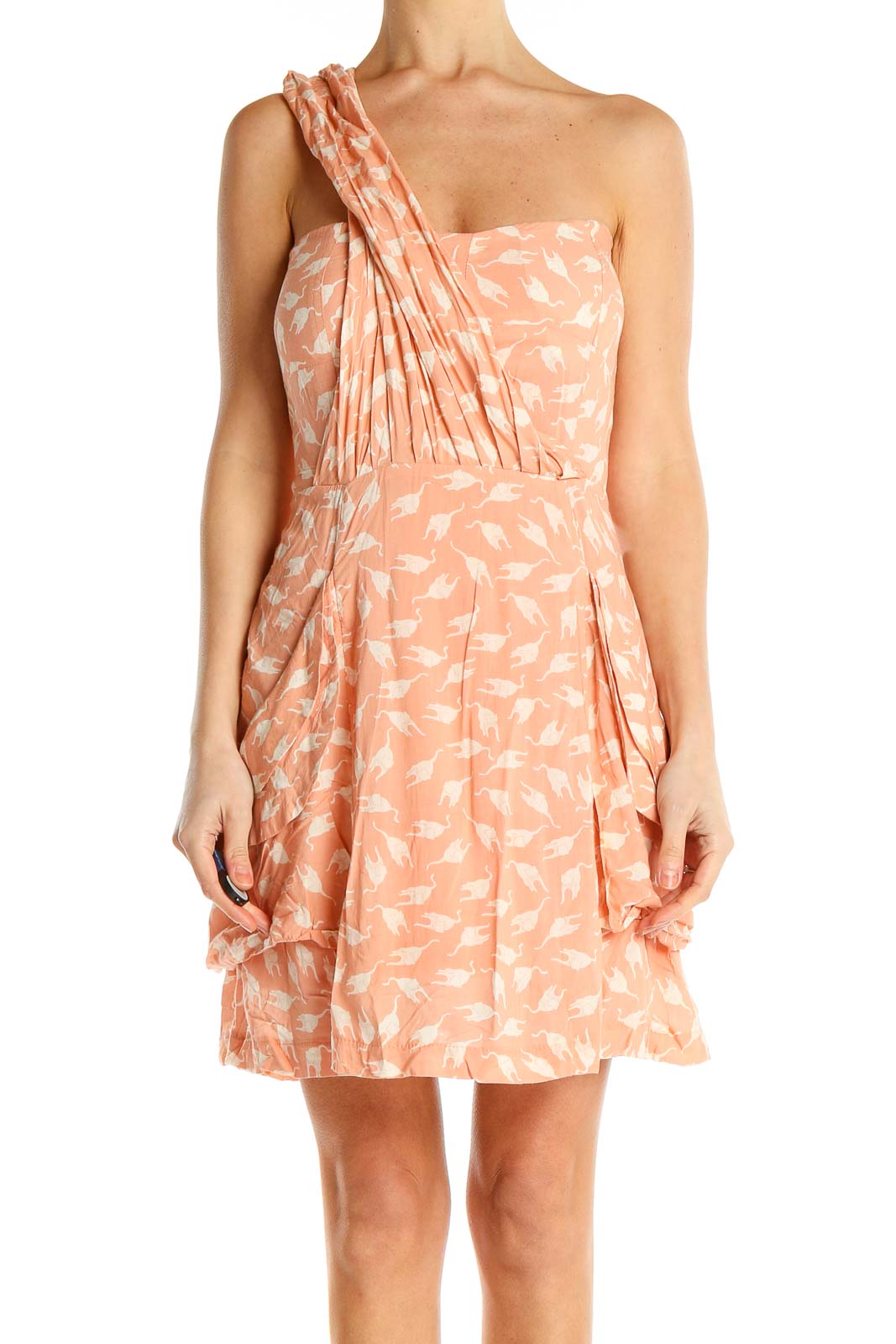 Front view of Ark & Co. peach floral one-shoulder cocktail dress with white leaf print