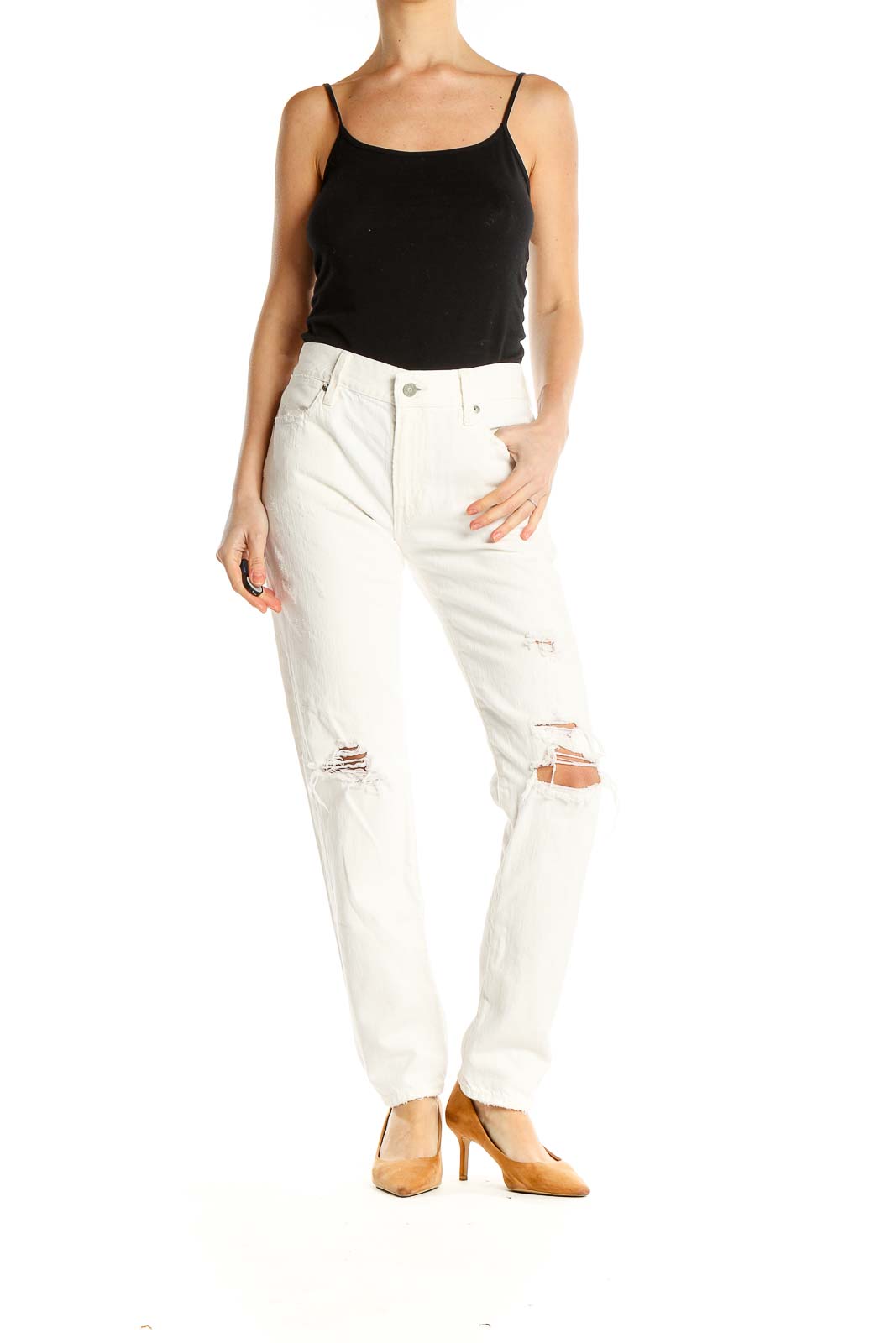 Front view of white distressed straight-leg jeans by Polo Ralph Lauren