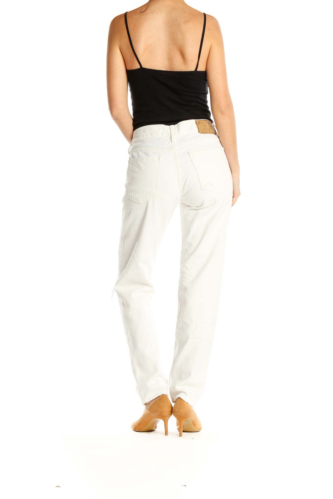 Back view of white distressed straight-leg jeans by Polo Ralph Lauren