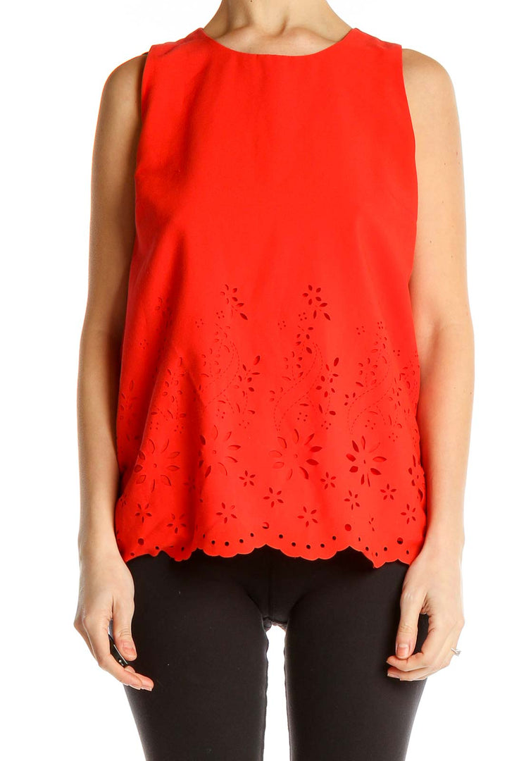 Front view of red sleeveless Cynthia Rowley top with eyelet lace hem