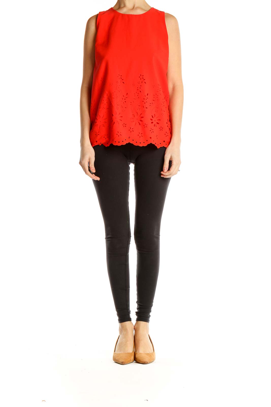 Front view of red sleeveless Cynthia Rowley top with eyelet lace hem