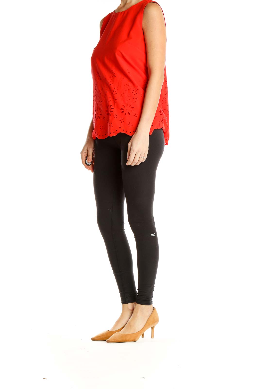 Front view of red sleeveless Cynthia Rowley top with eyelet lace hem