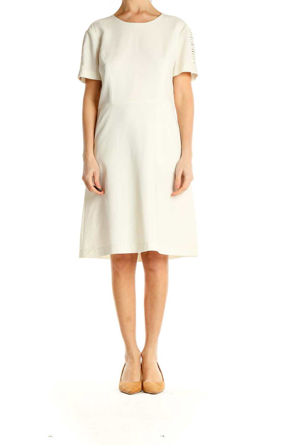 Front view of ivory BCBG MaxAzria A-line dress with cutout sleeve details