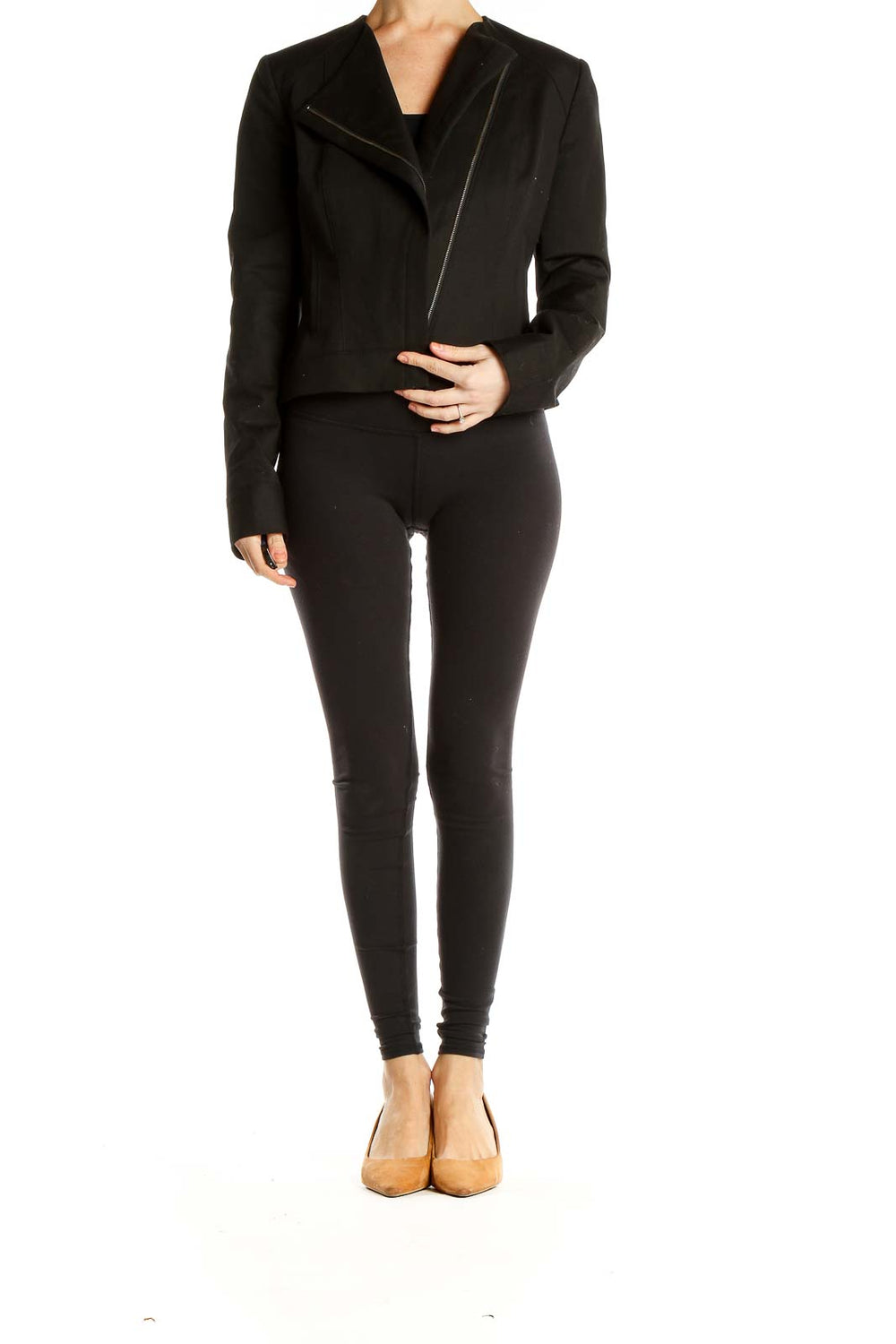 Front view of Tahari black asymmetrical zip-front cropped jacket