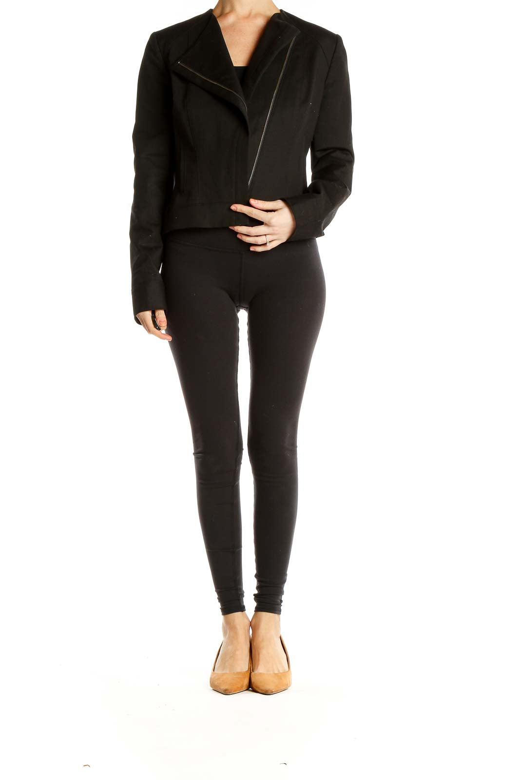 Front view of Tahari black asymmetrical zip-front cropped jacket
